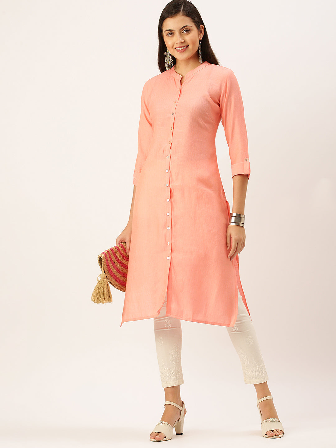 Women's Peach Solid Straight Kurta