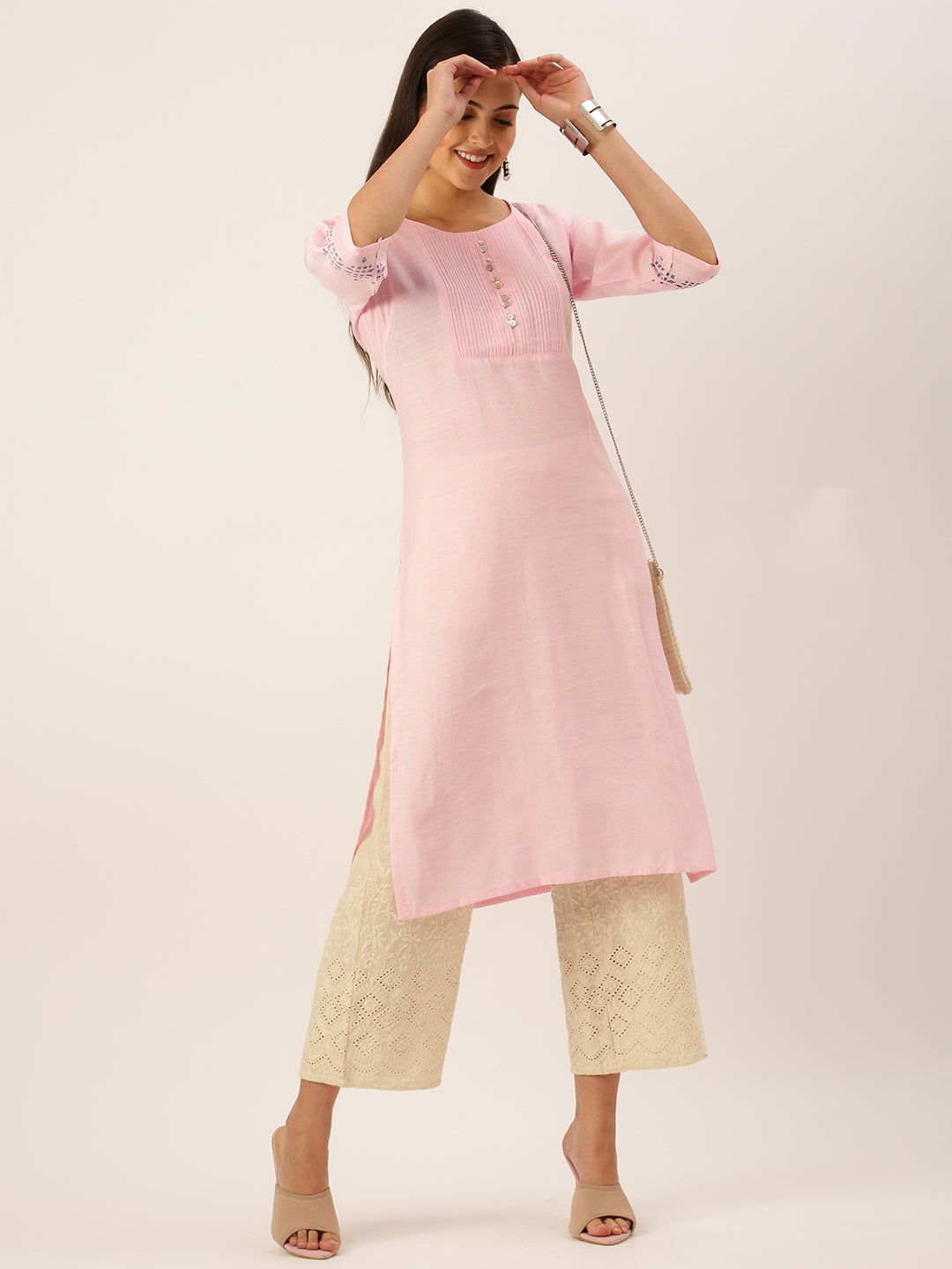 Women's Pink Solid Straight Kurta