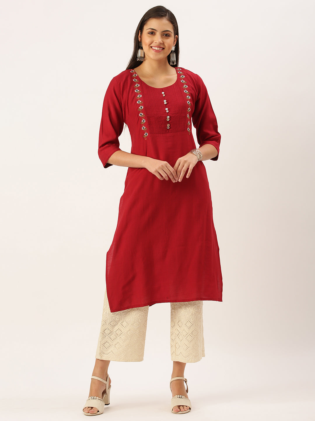 Women's Red Solid Straight Kurta