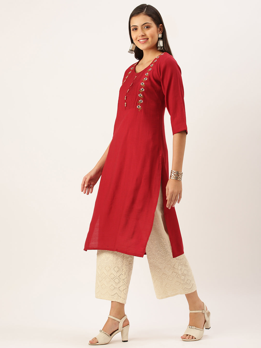 Women's Red Solid Straight Kurta