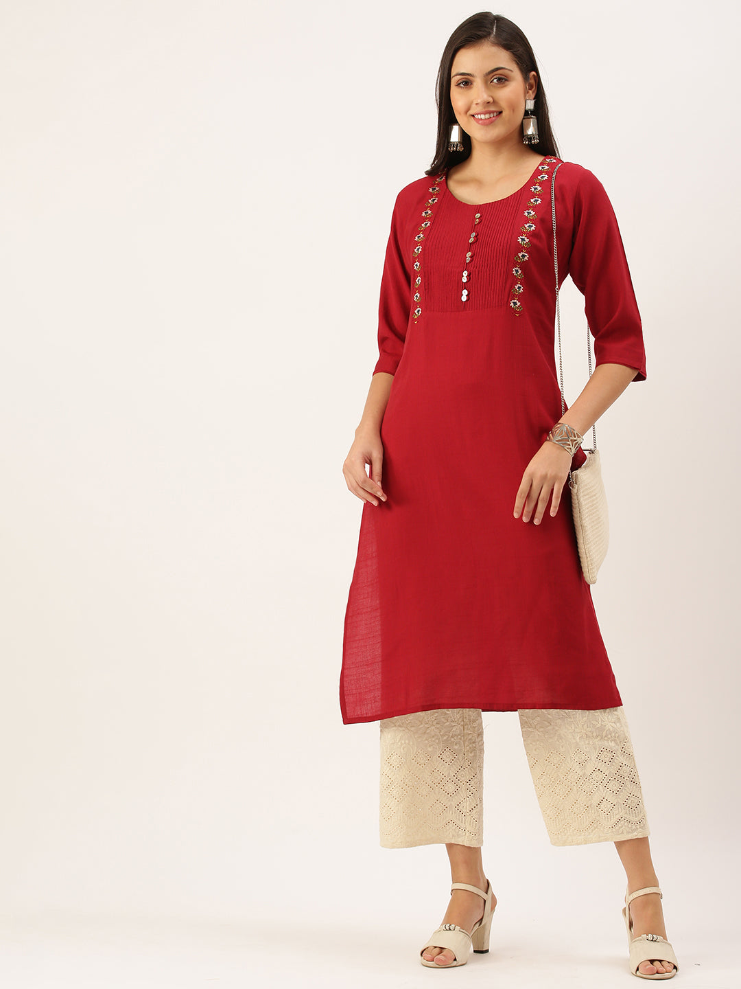 Women's Red Solid Straight Kurta