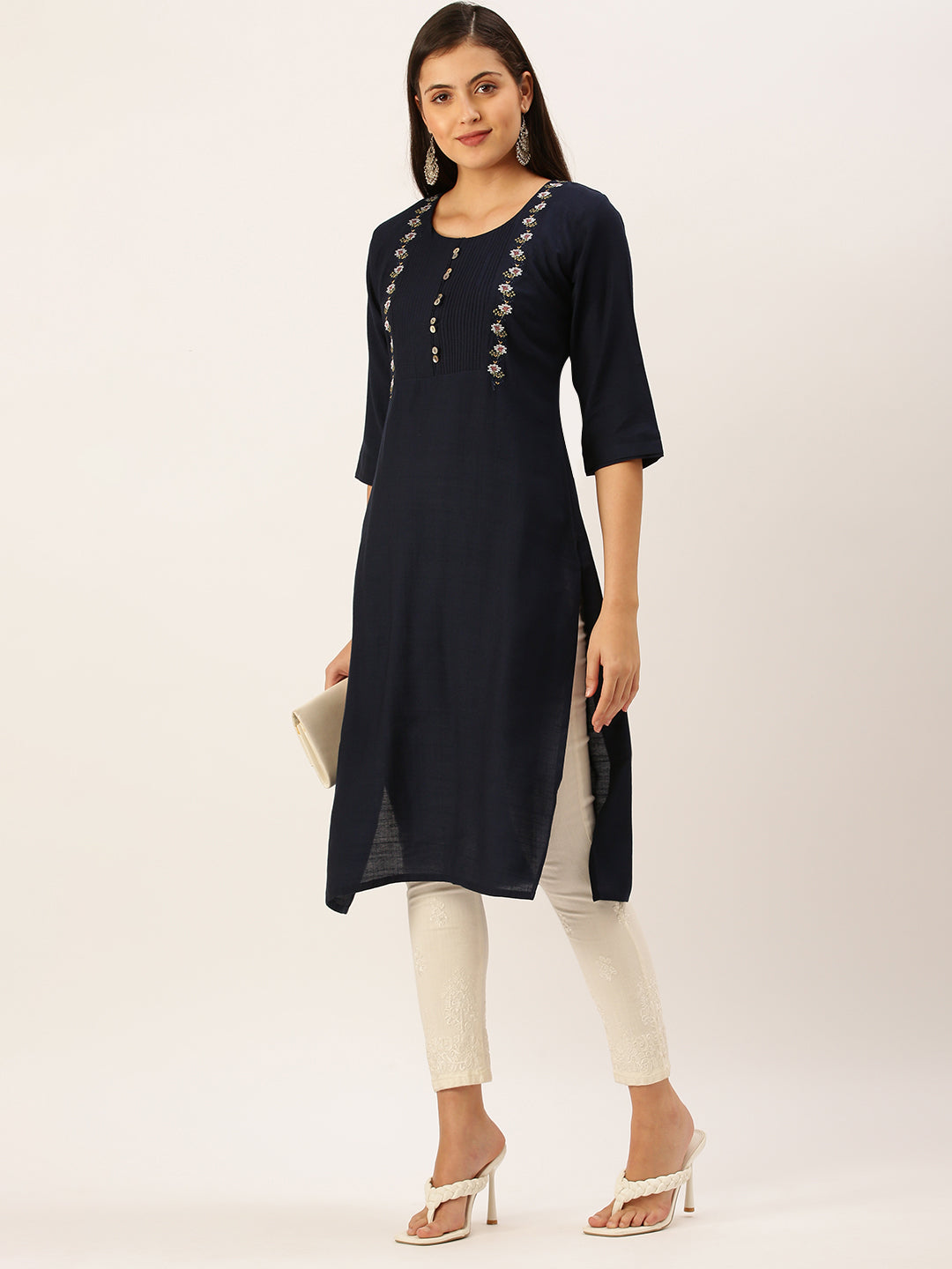 Women's Navy Blue Solid Straight Kurta