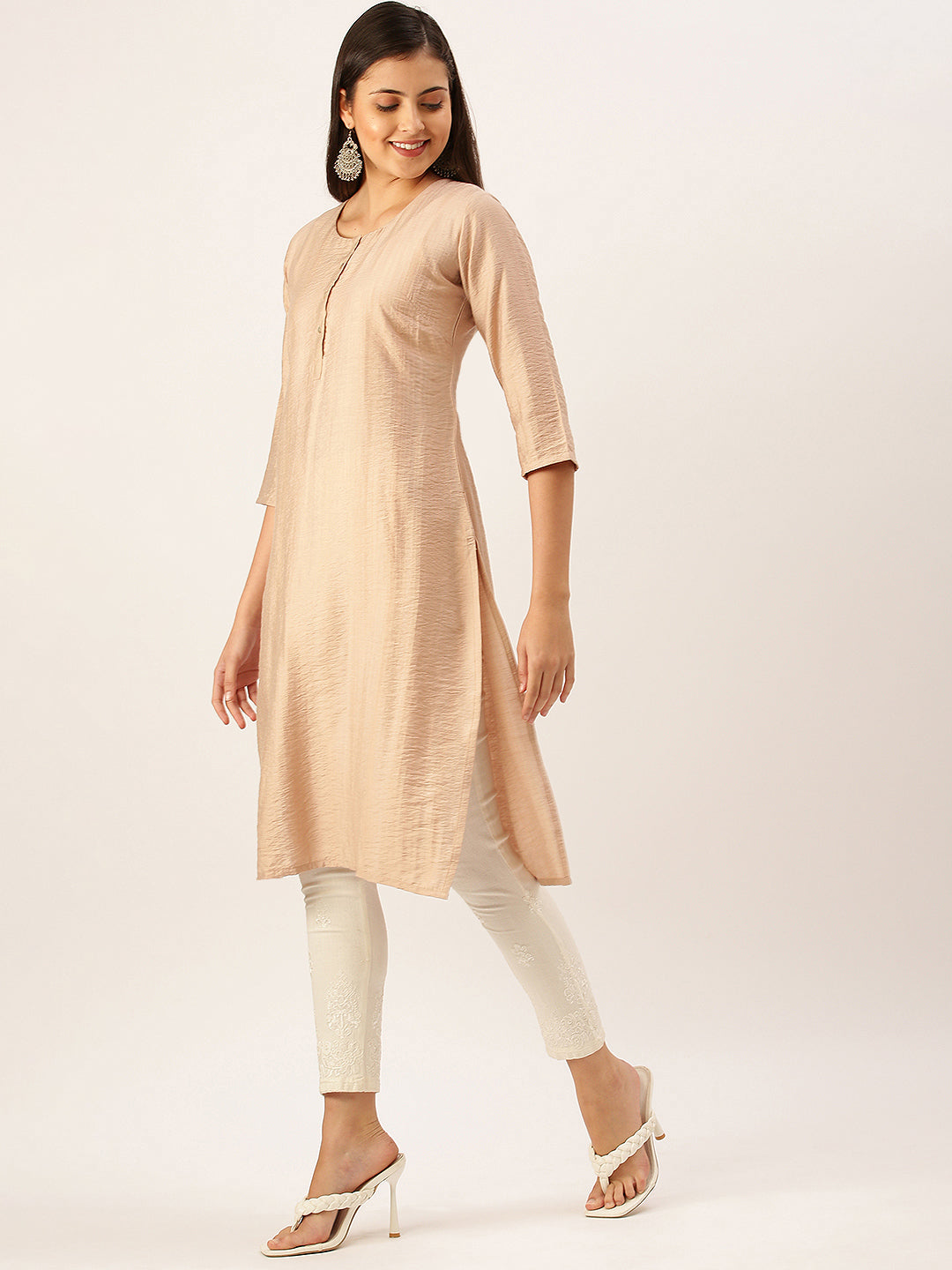 Women's Beige Solid Straight Kurta