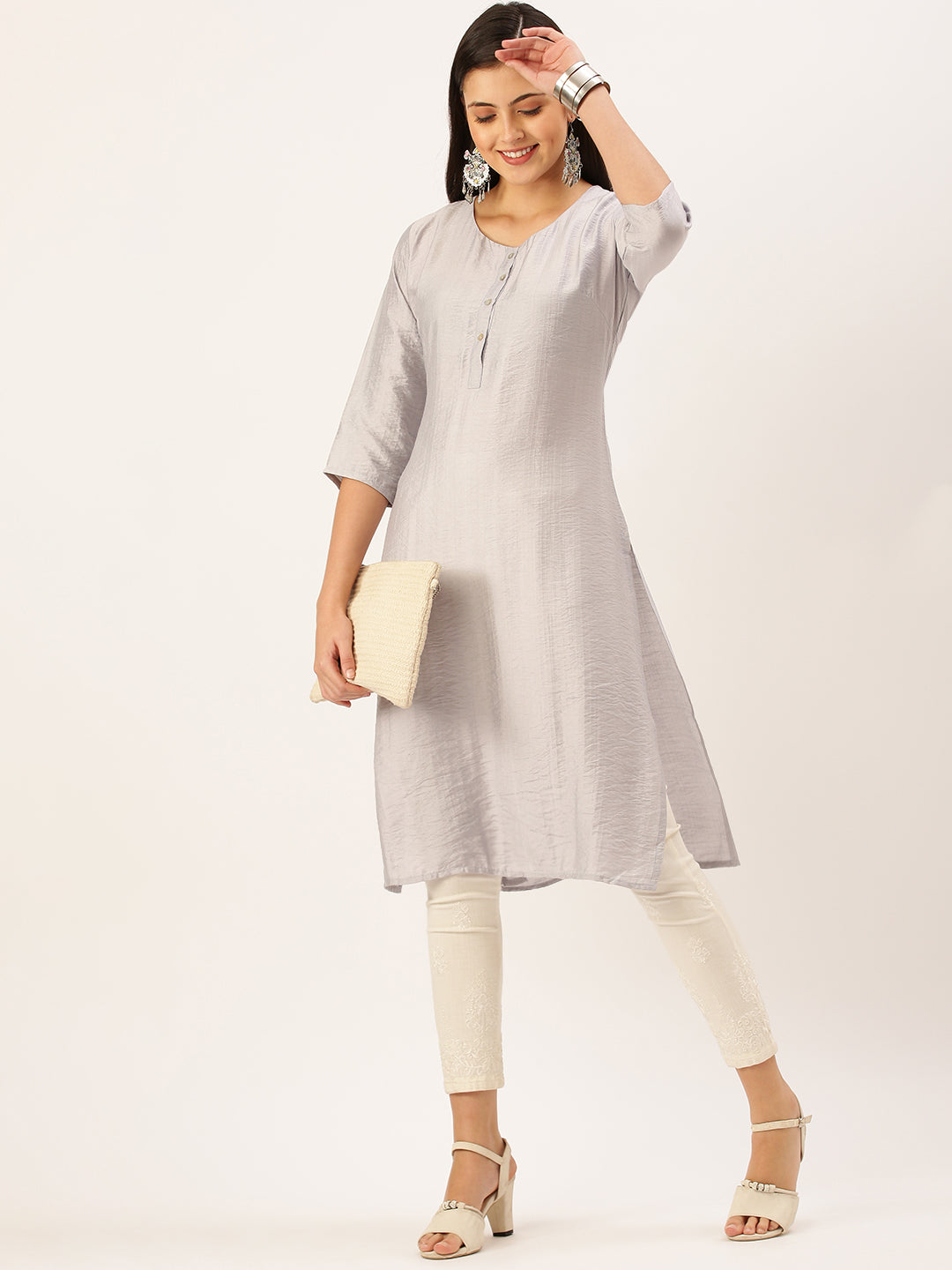 Women's Grey Solid Straight Kurta