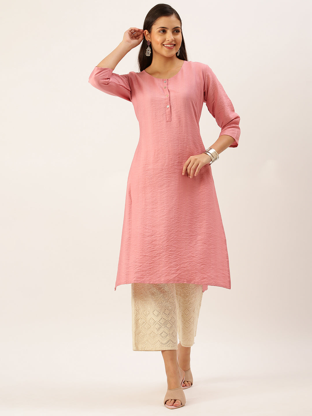 Women's Pink Solid Straight Kurta