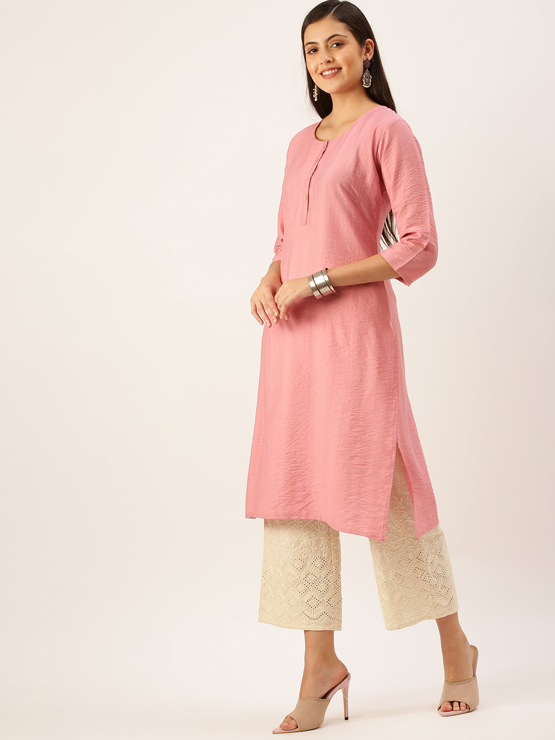 Women's Pink Solid Straight Kurta