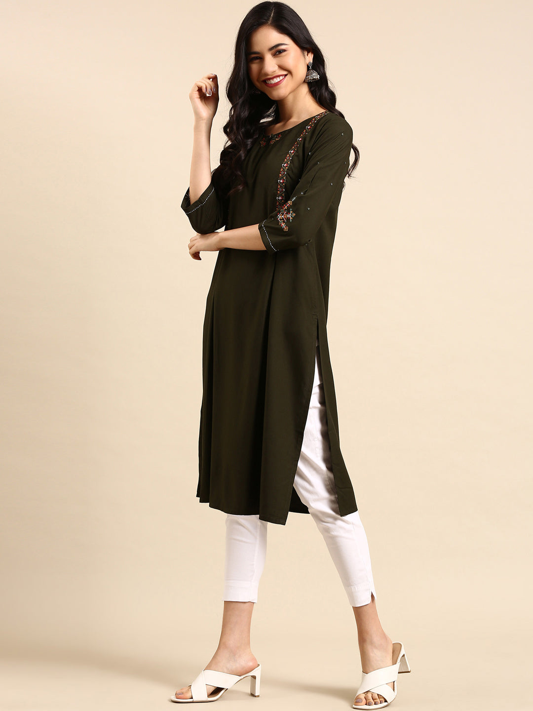 Women's Olive Embroidered Straight Kurta