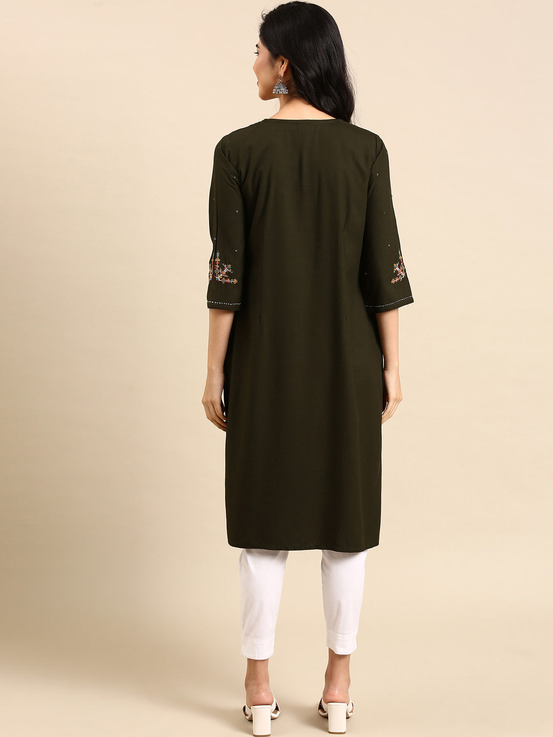 Women's Olive Embroidered Straight Kurta