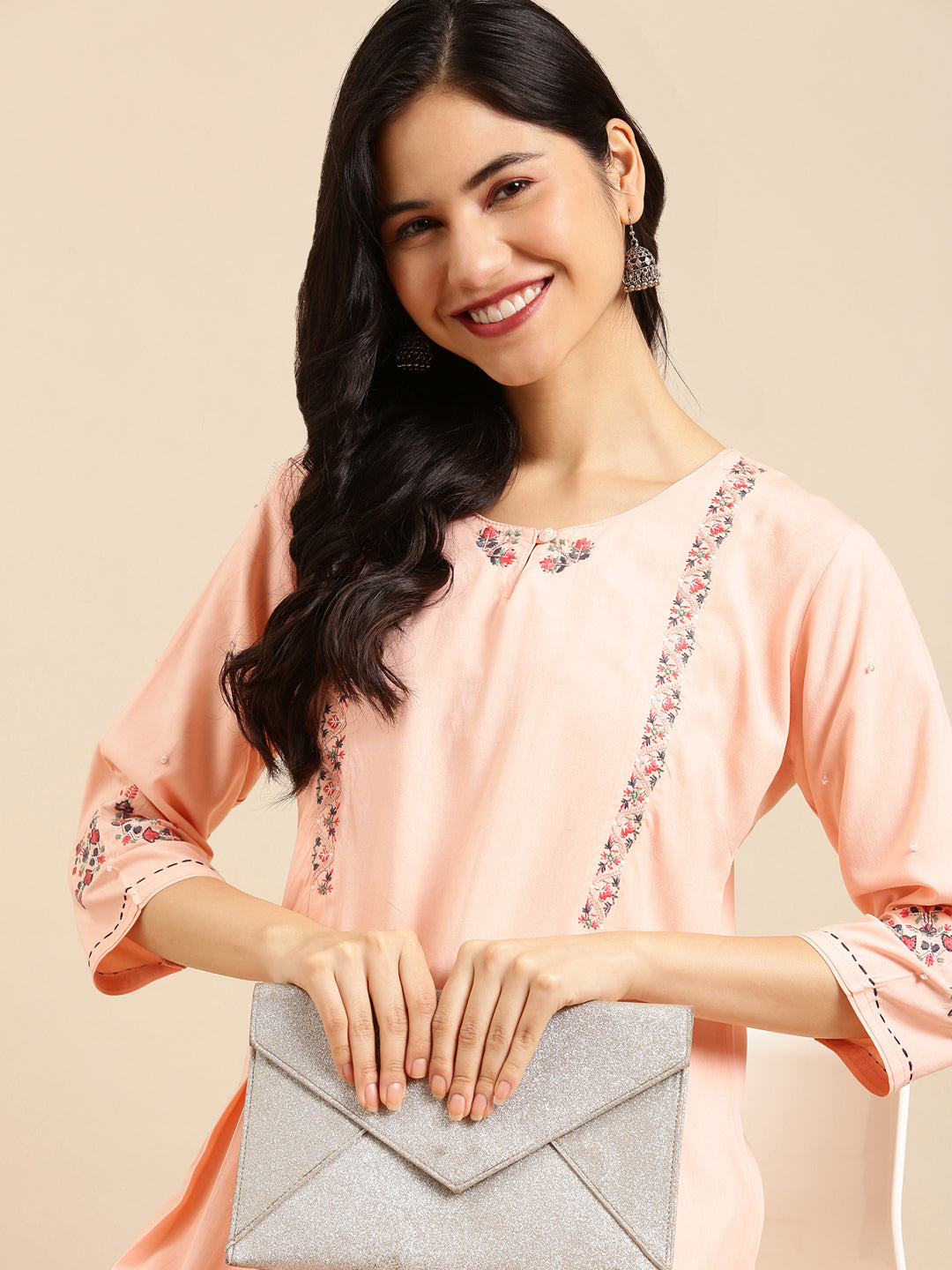 Women's Pink Embroidered Straight Kurta