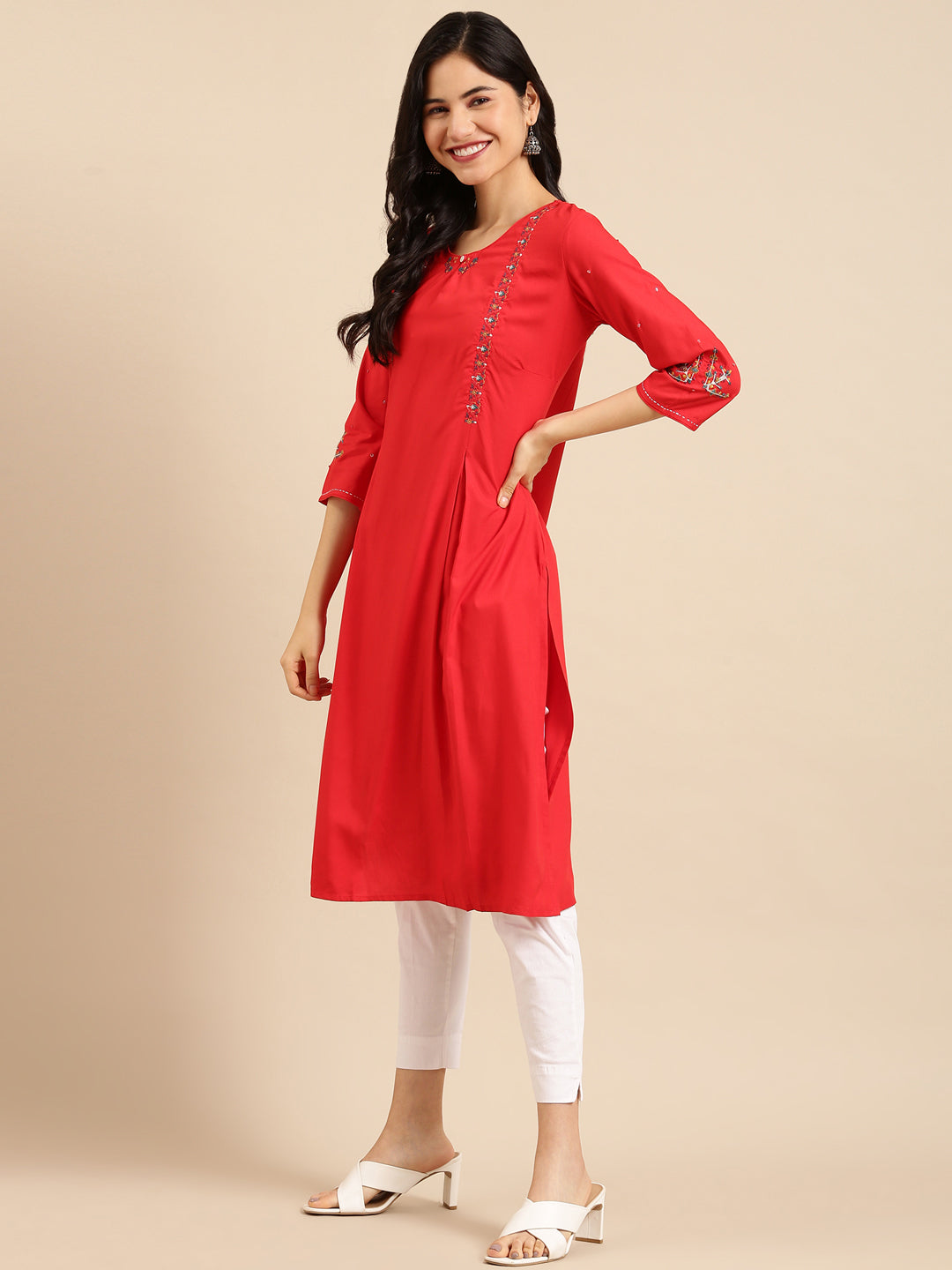 Women's Red Embroidered Straight Kurta