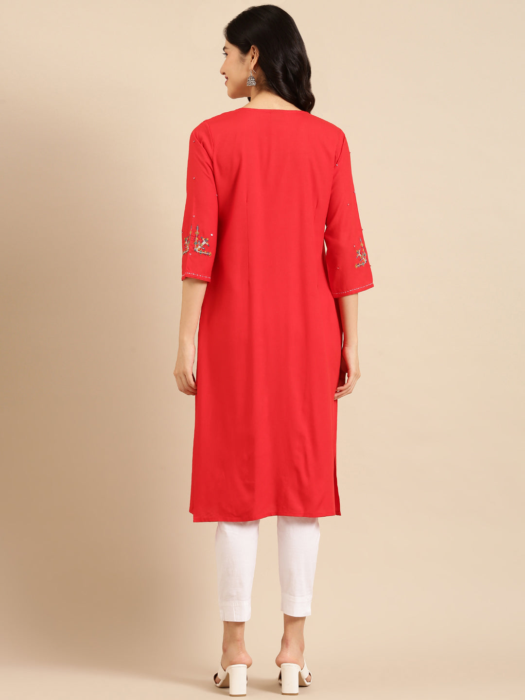 Women's Red Embroidered Straight Kurta