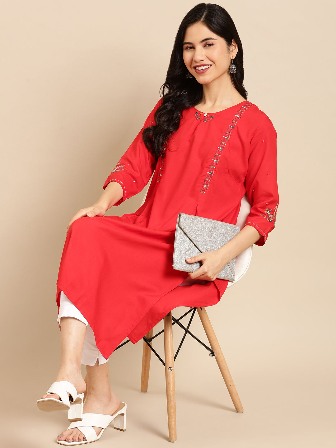 Women's Red Embroidered Straight Kurta