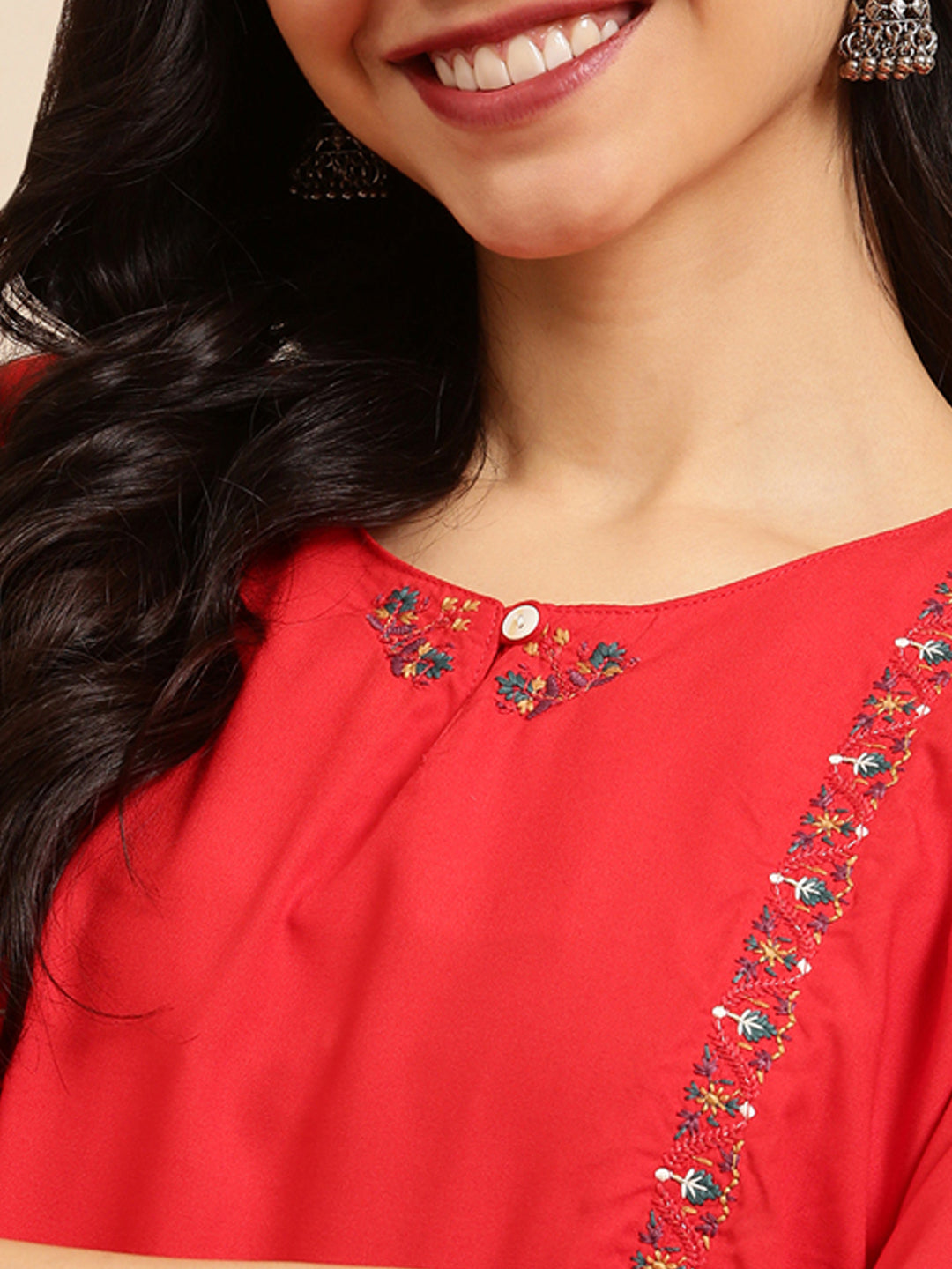 Women's Red Embroidered Straight Kurta