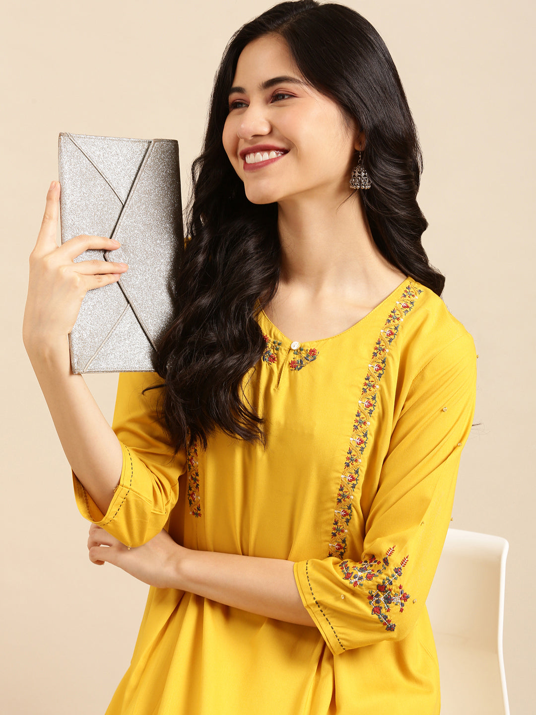 Women's Yellow Embroidered Straight Kurta