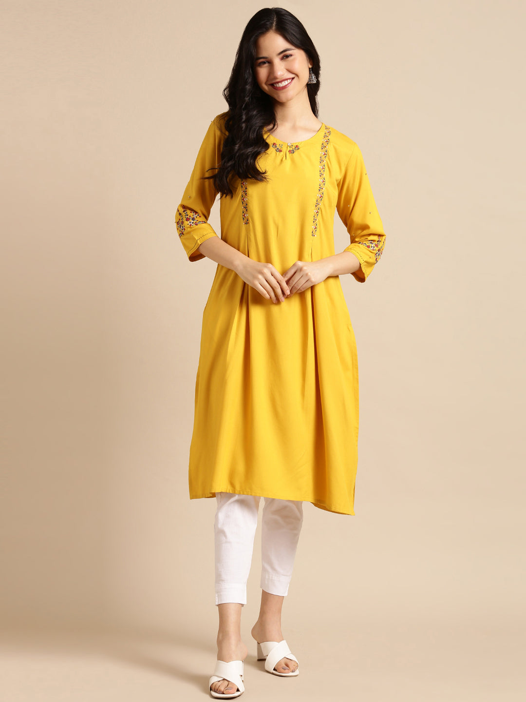 Women's Yellow Embroidered Straight Kurta