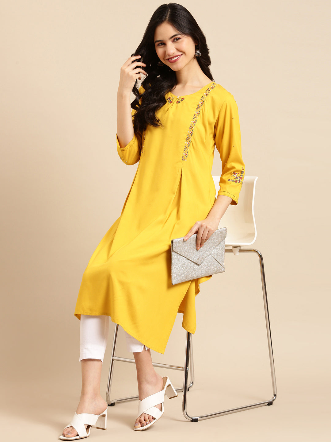 Women's Yellow Embroidered Straight Kurta