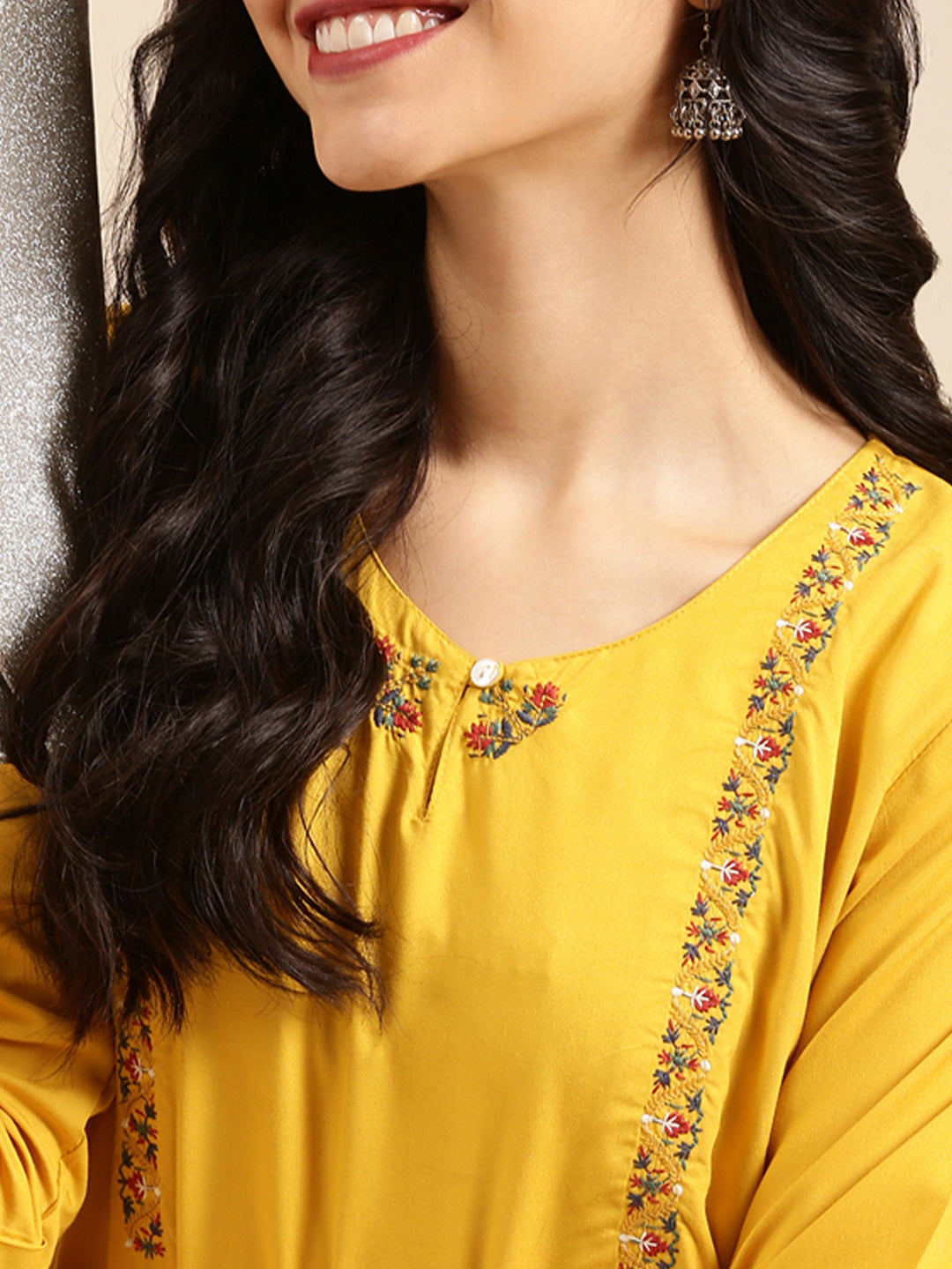 Women's Yellow Embroidered Straight Kurta