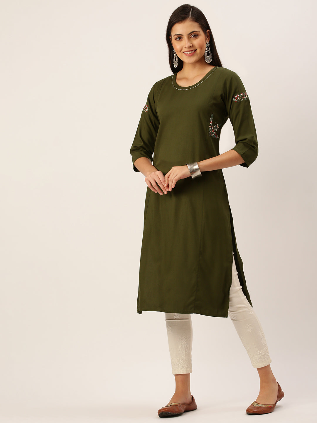 Women's Olive Solid Straight Kurta