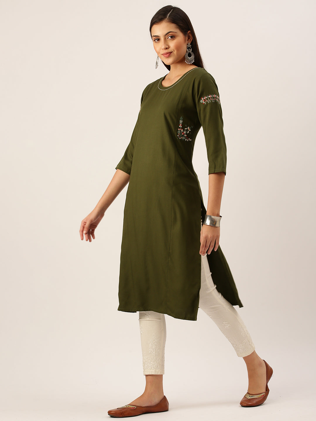 Women's Olive Solid Straight Kurta