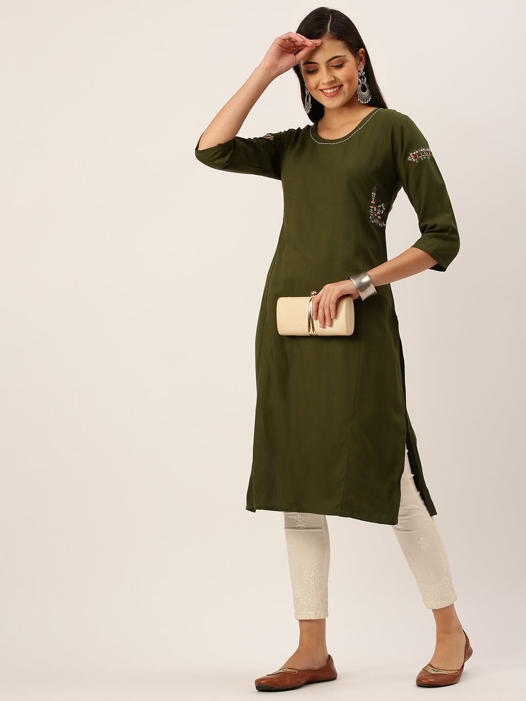 Women's Olive Solid Straight Kurta