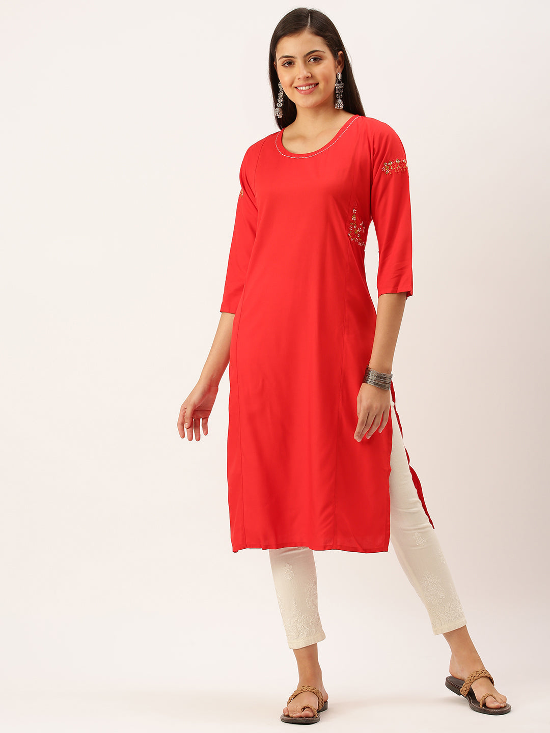 Women's Red Solid Straight Kurta