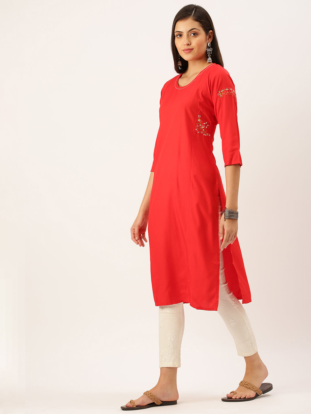 Women's Red Solid Straight Kurta