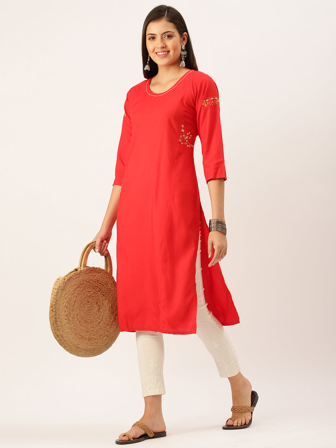 Women's Red Solid Straight Kurta