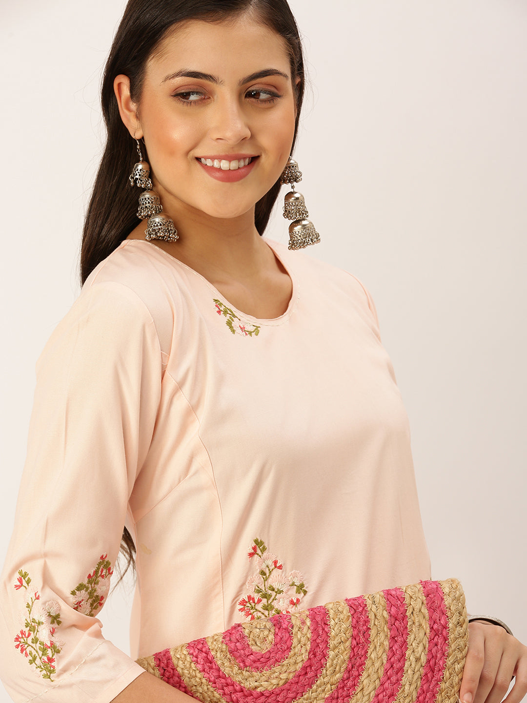 Women's Peach Solid Straight Kurta