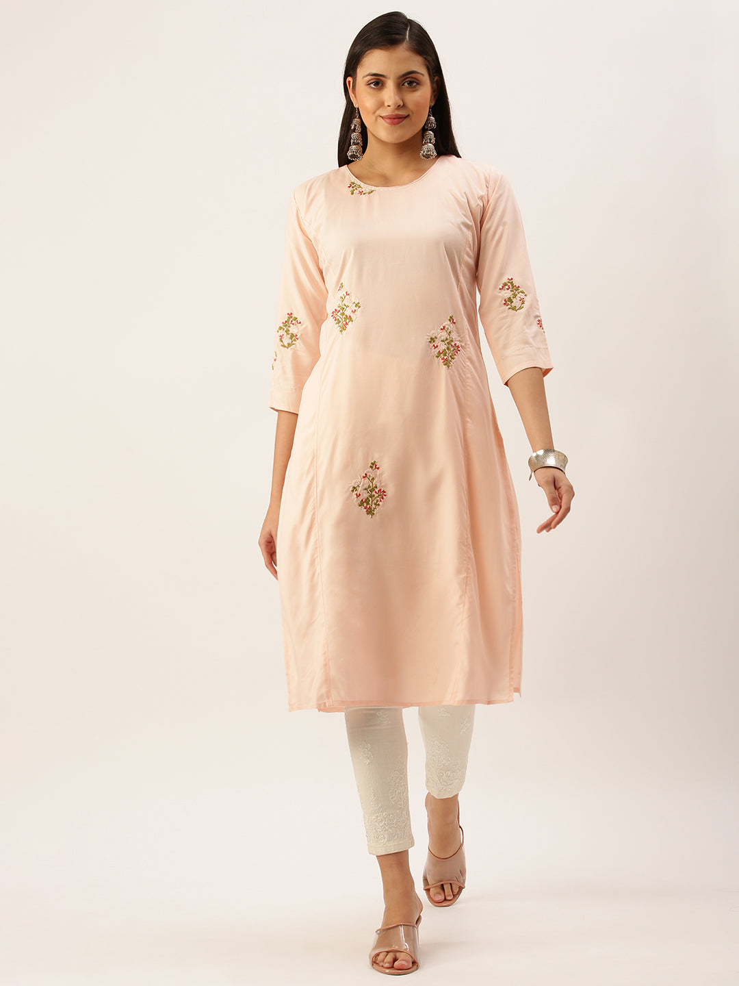 Women's Peach Solid Straight Kurta