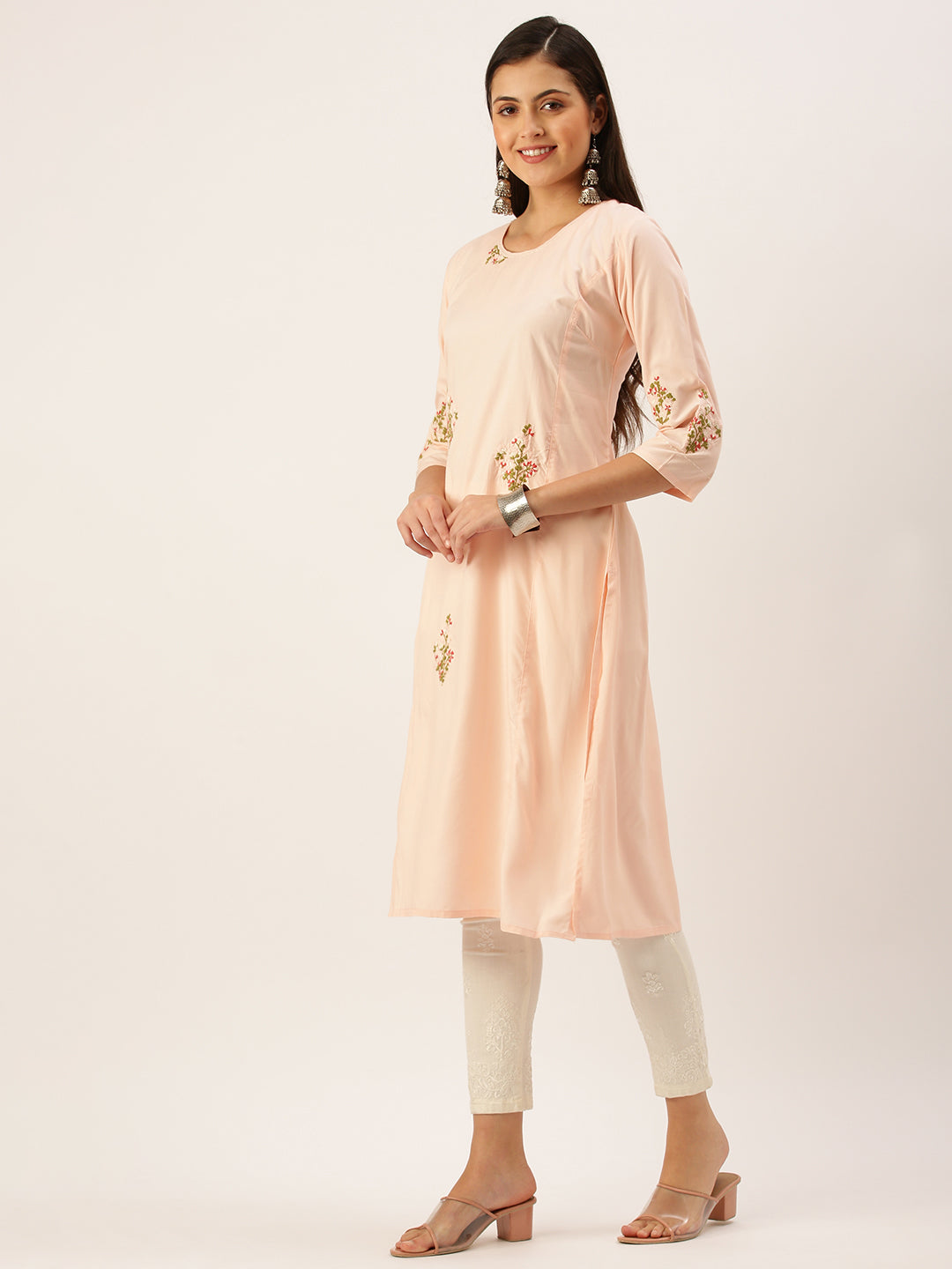 Women's Peach Solid Straight Kurta