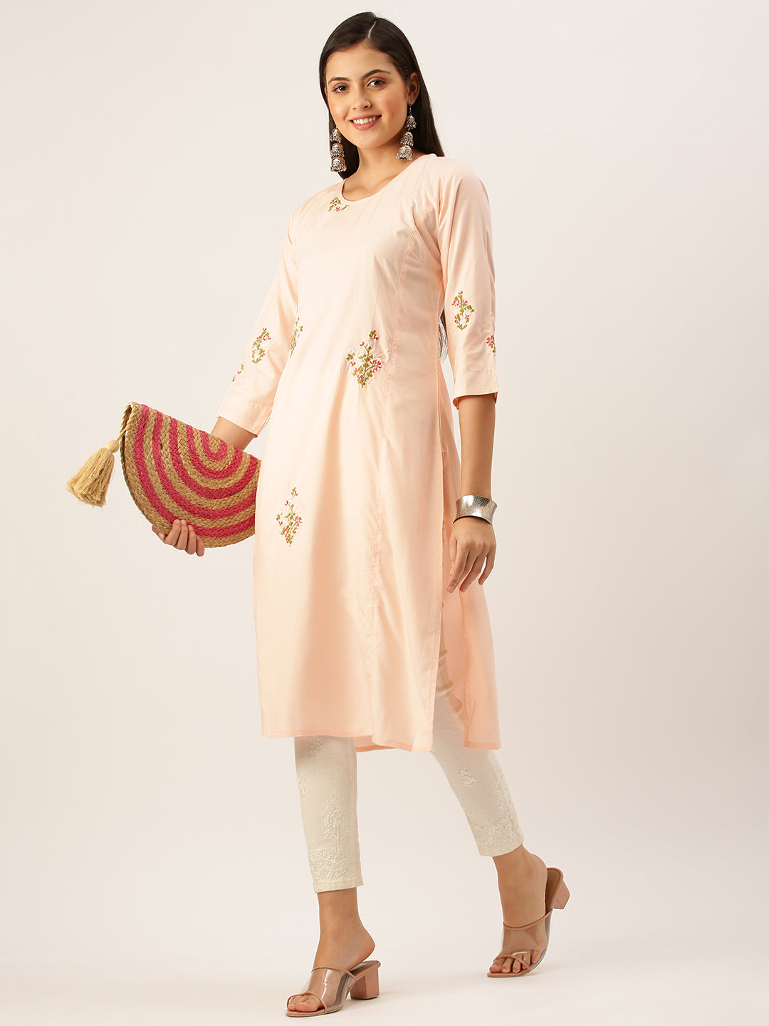 Women's Peach Solid Straight Kurta