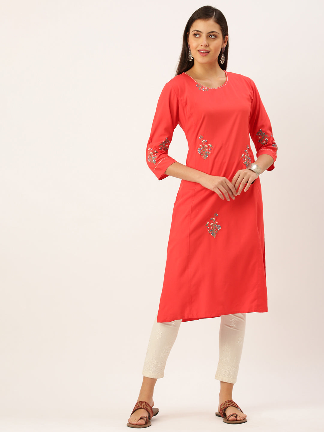 Women's Red Solid Straight Kurta