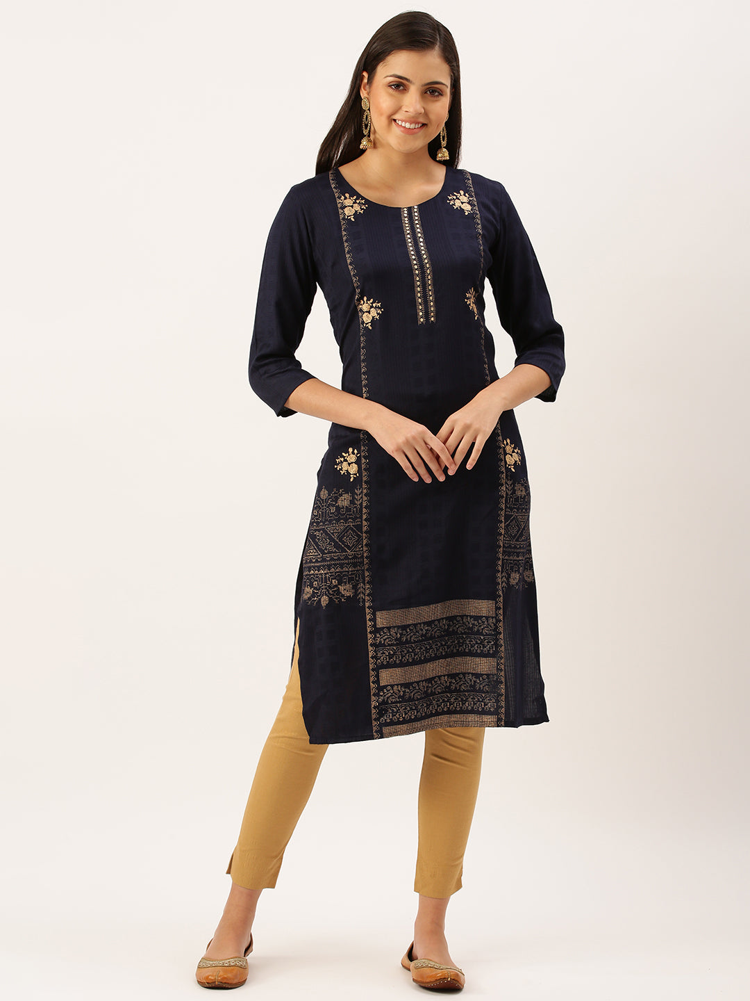 Women's Navy Blue Solid Straight Kurta