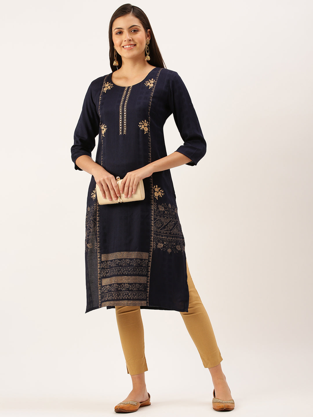 Women's Navy Blue Solid Straight Kurta