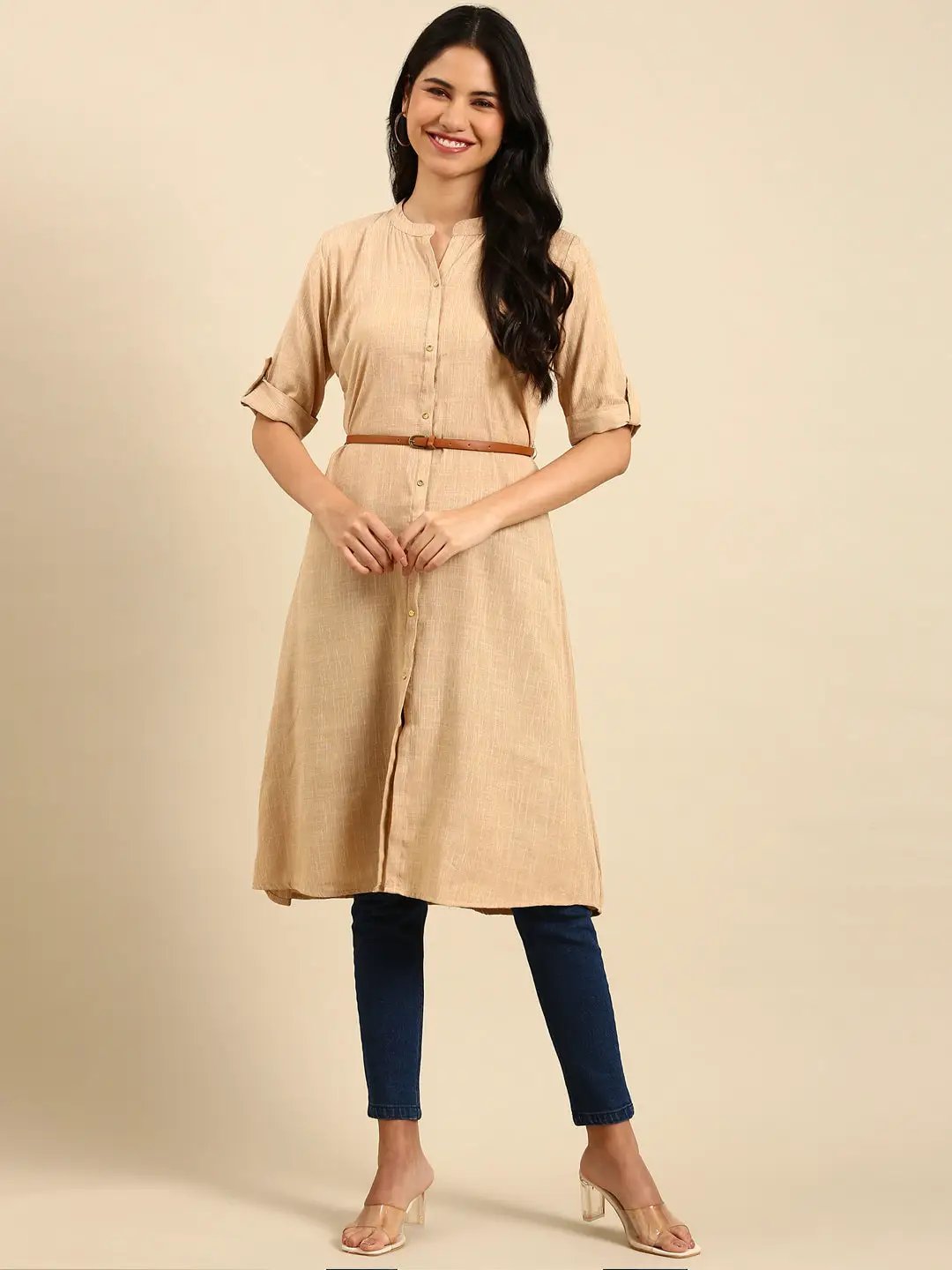 Women's Beige Solid Straight Kurta