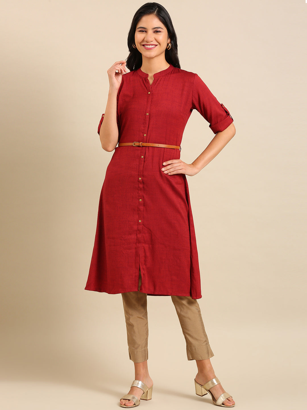 Women's Maroon Solid Straight Kurta