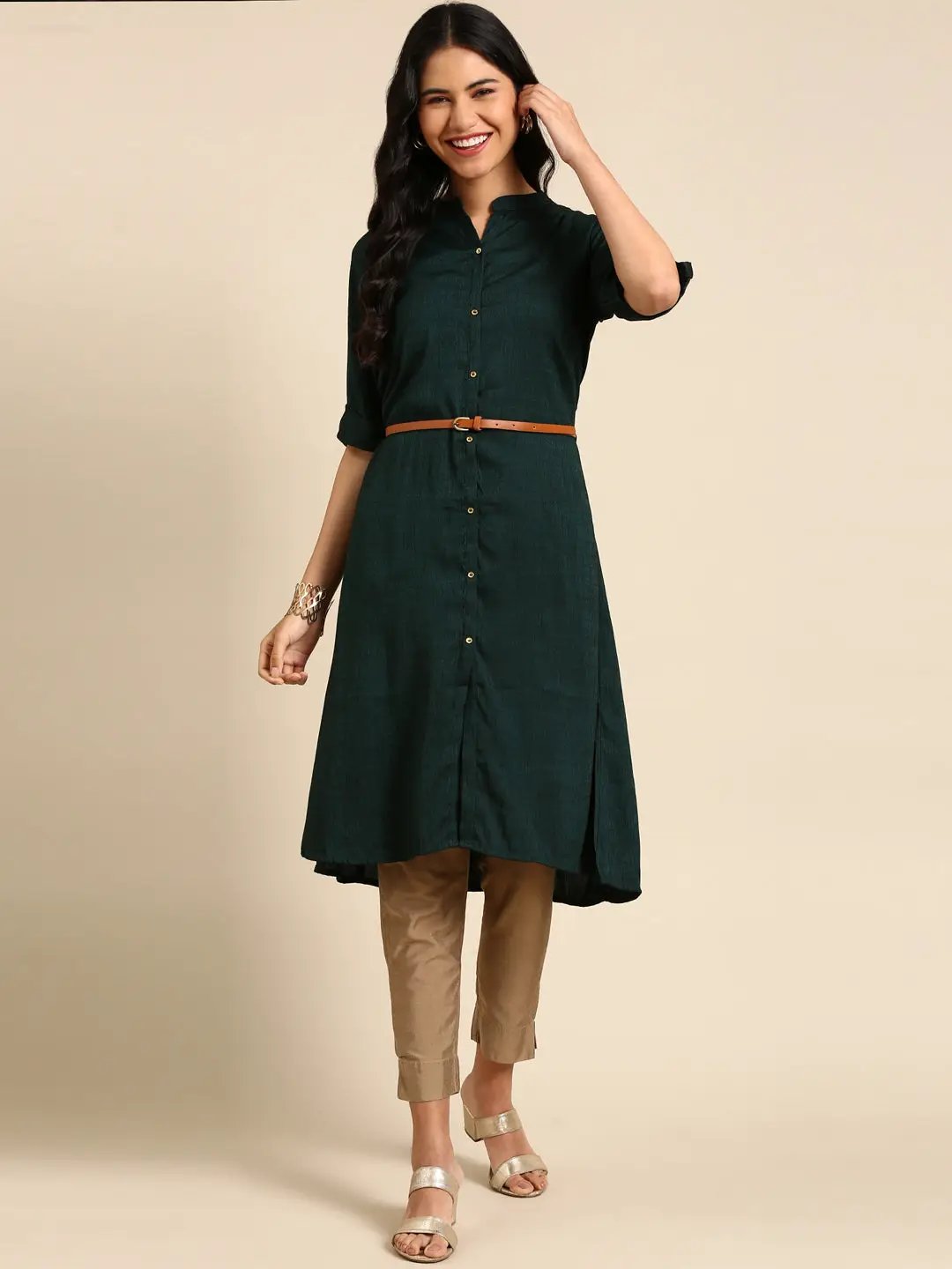 Women's Olive Solid Straight Kurta