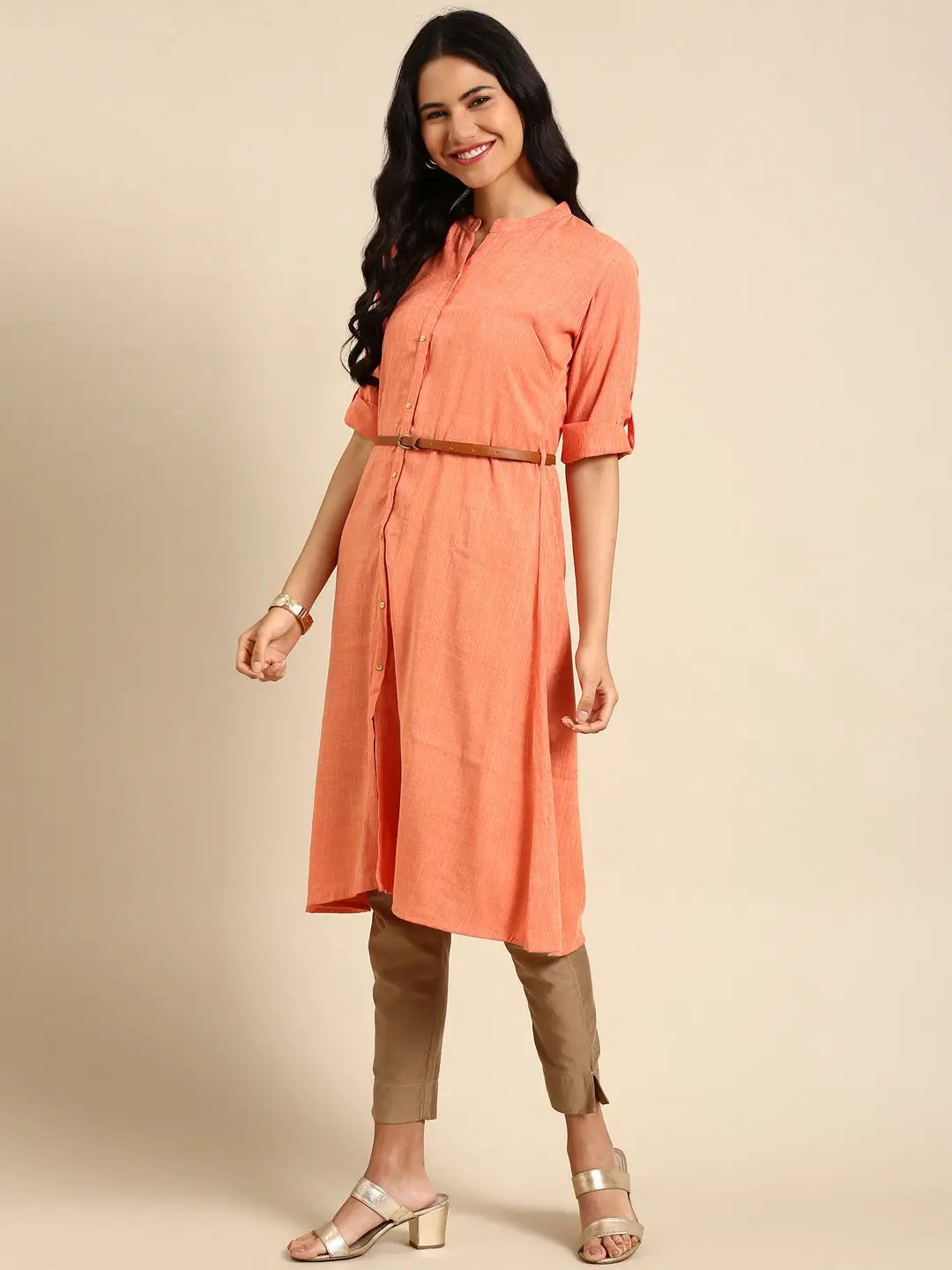 Women's Orange Solid Straight Kurta