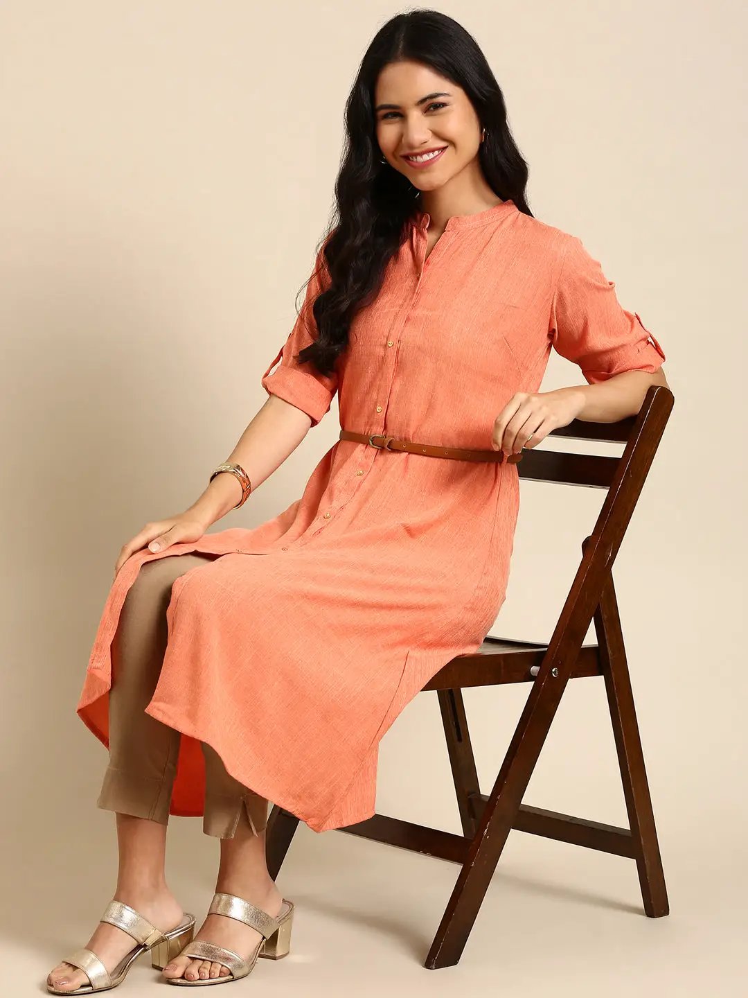 Women's Orange Solid Straight Kurta