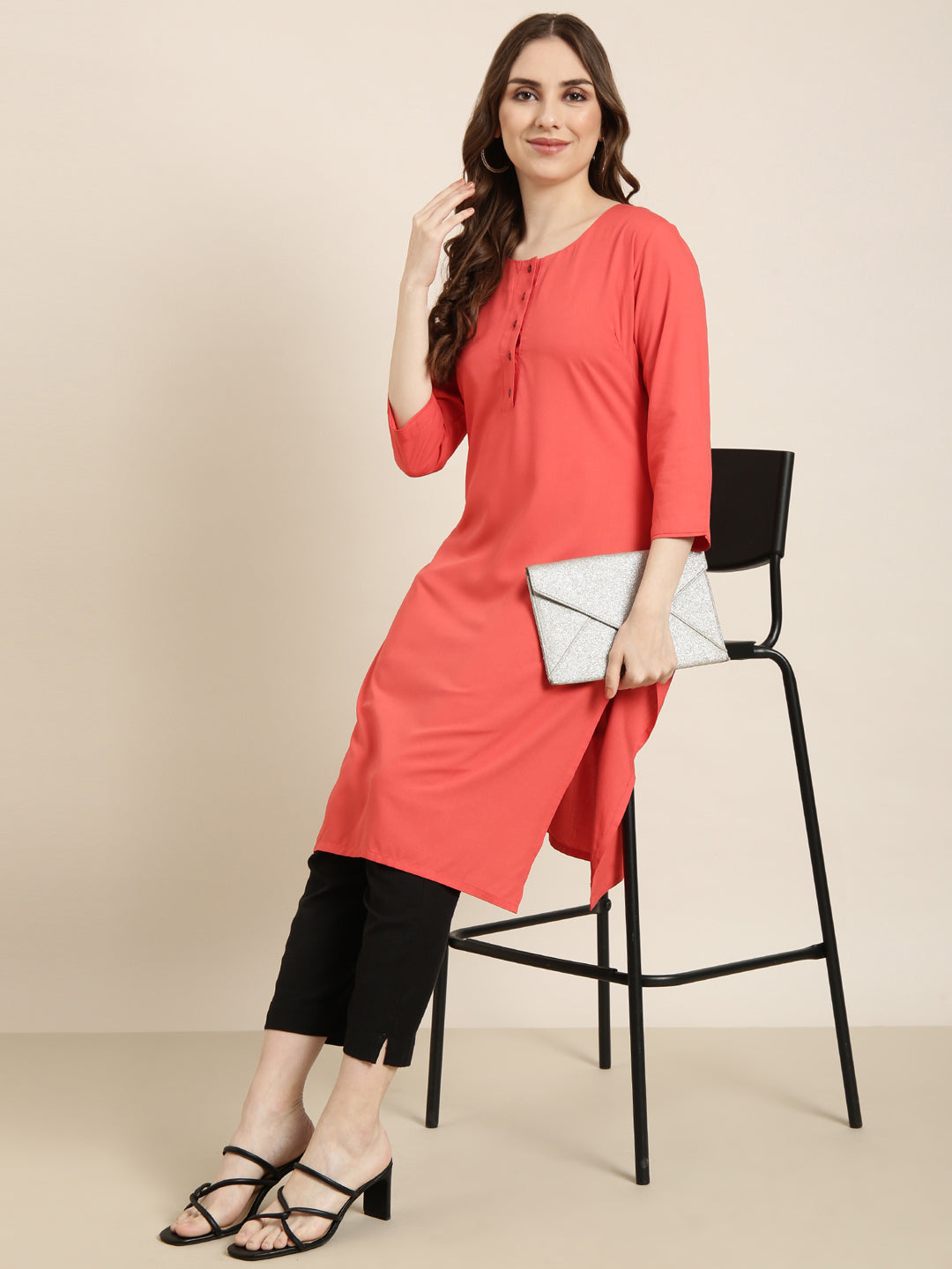 Women Straight Red Solid Kurta