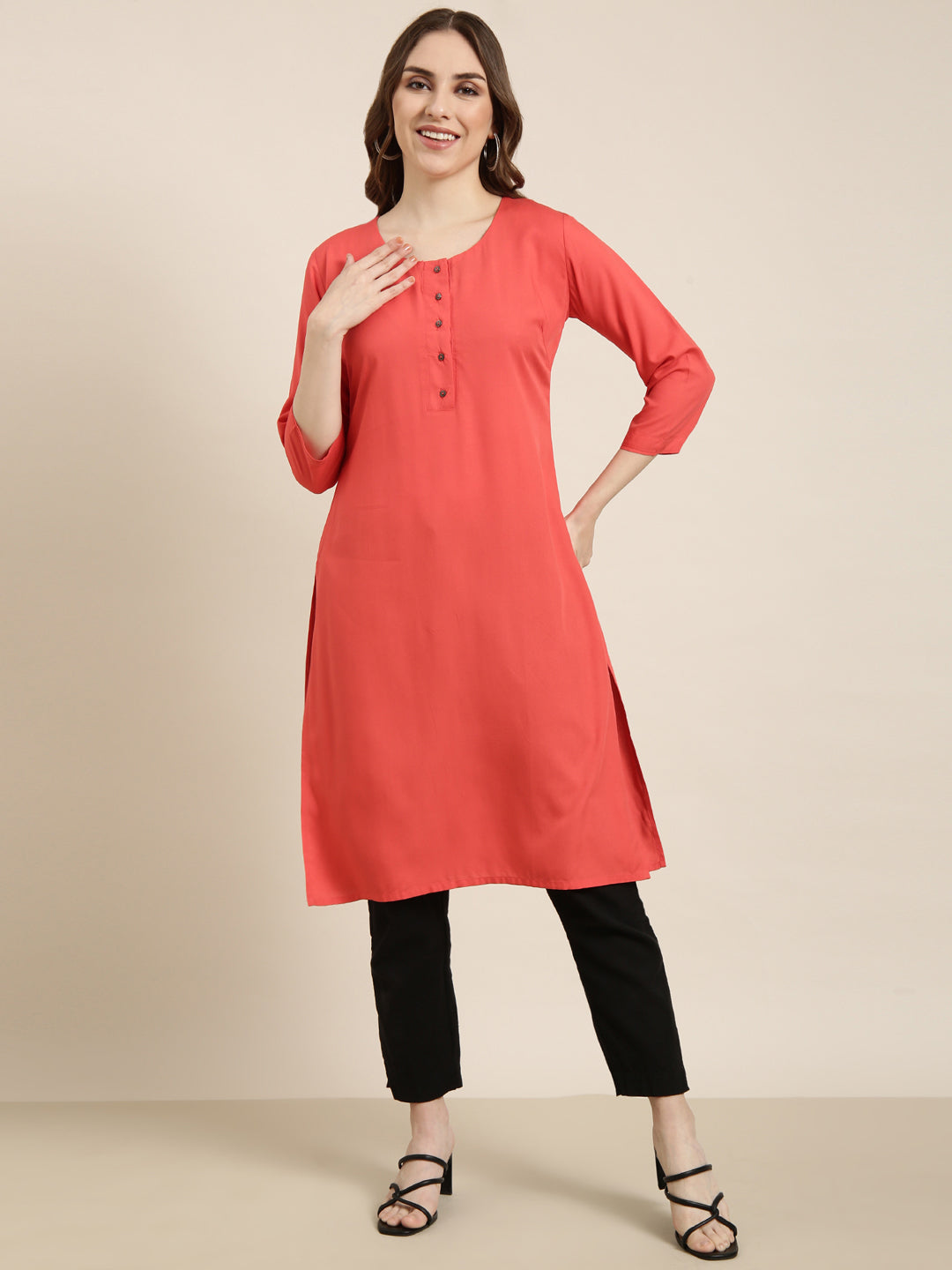 Women Straight Red Solid Kurta