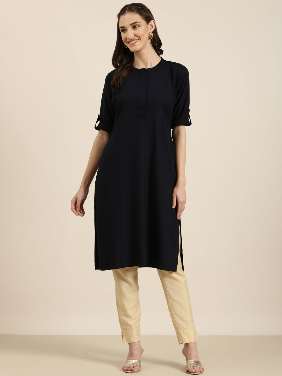 Women Navy Blue Solid Straight Kurta