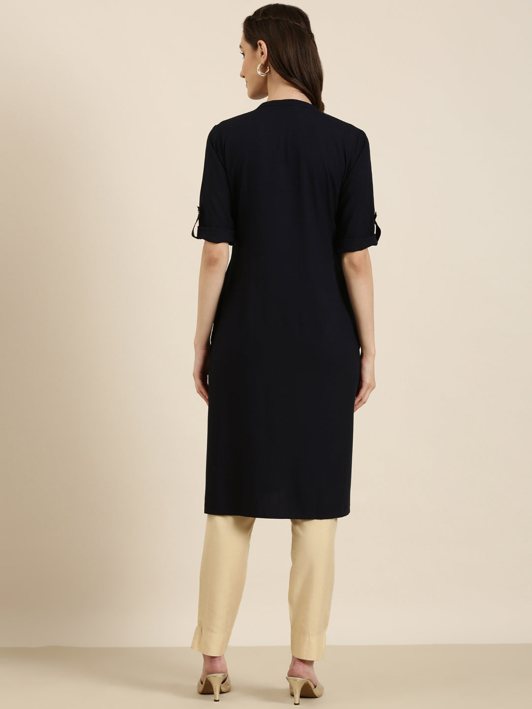 Women Navy Blue Solid Straight Kurta