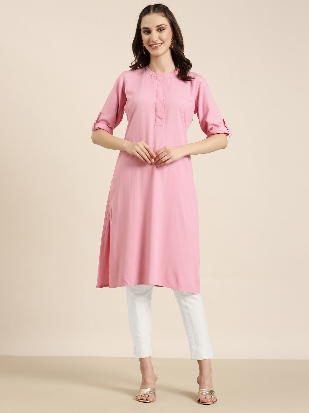 Women Pink Solid Straight Kurta