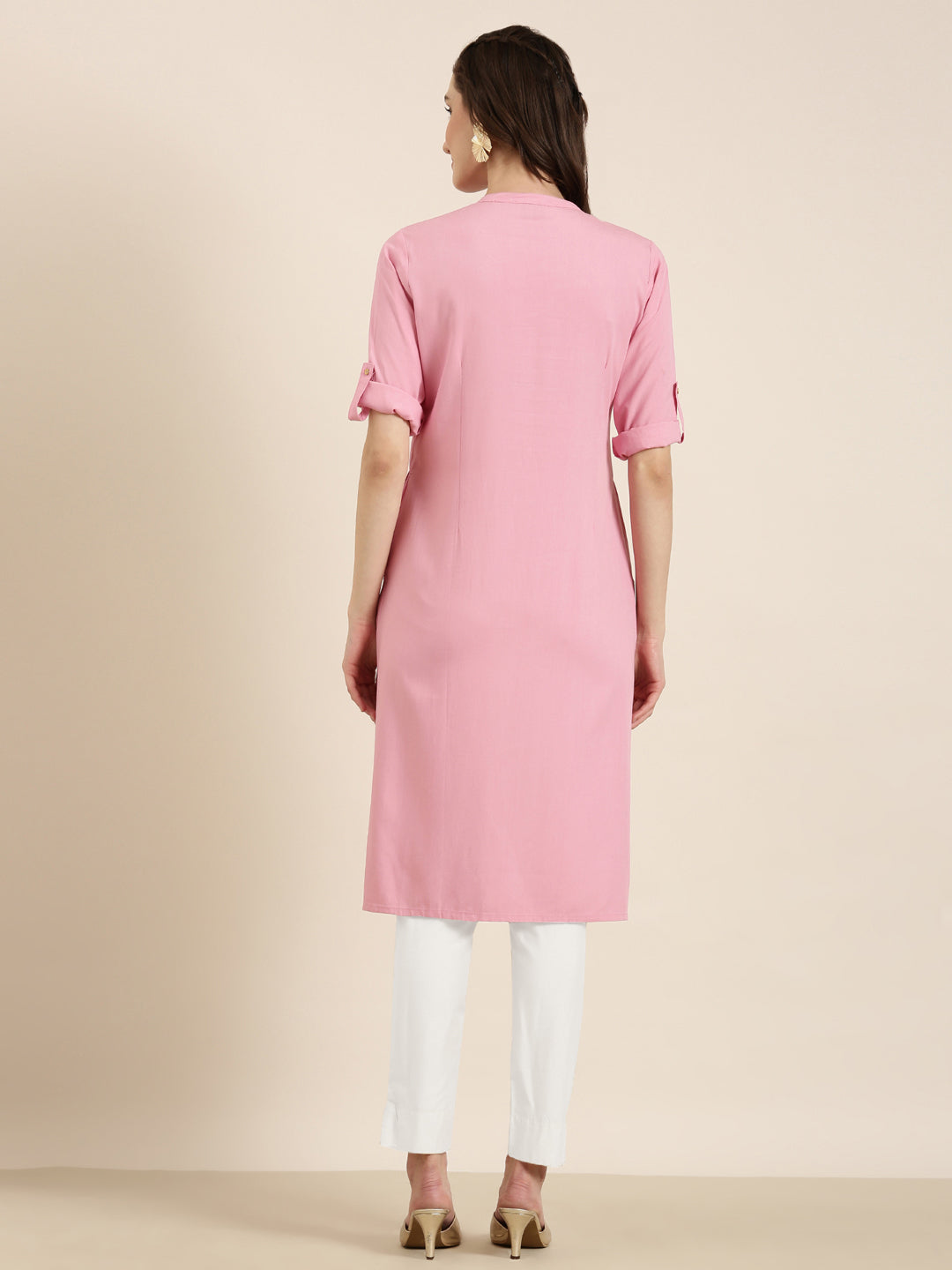 Women Pink Solid Straight Kurta