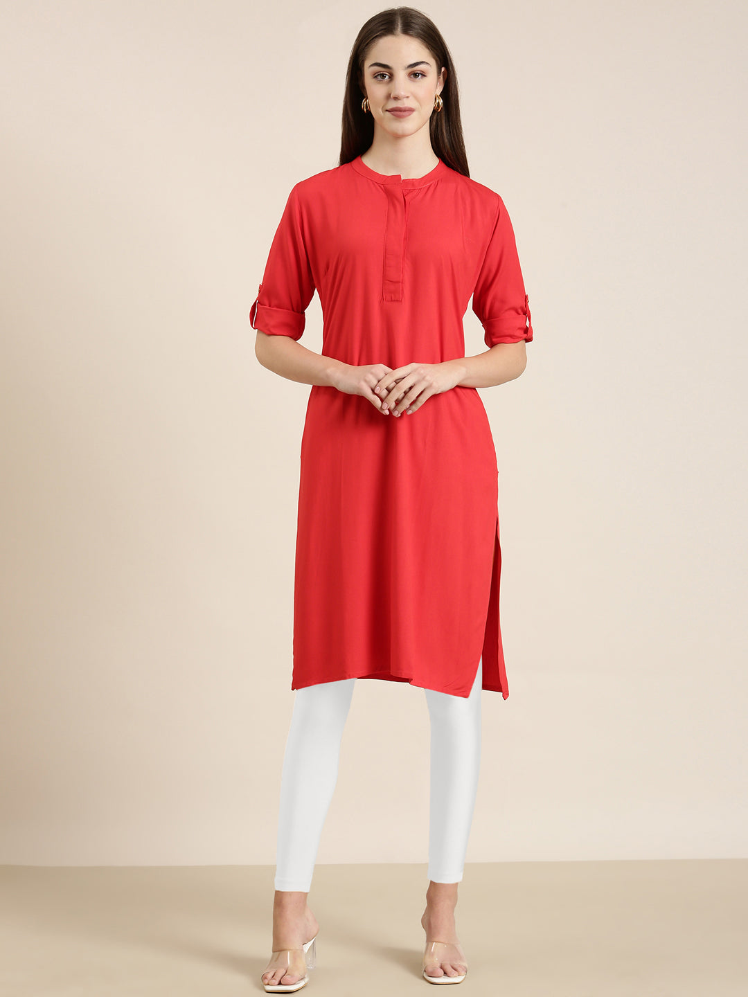 Women Red Solid Straight Kurta