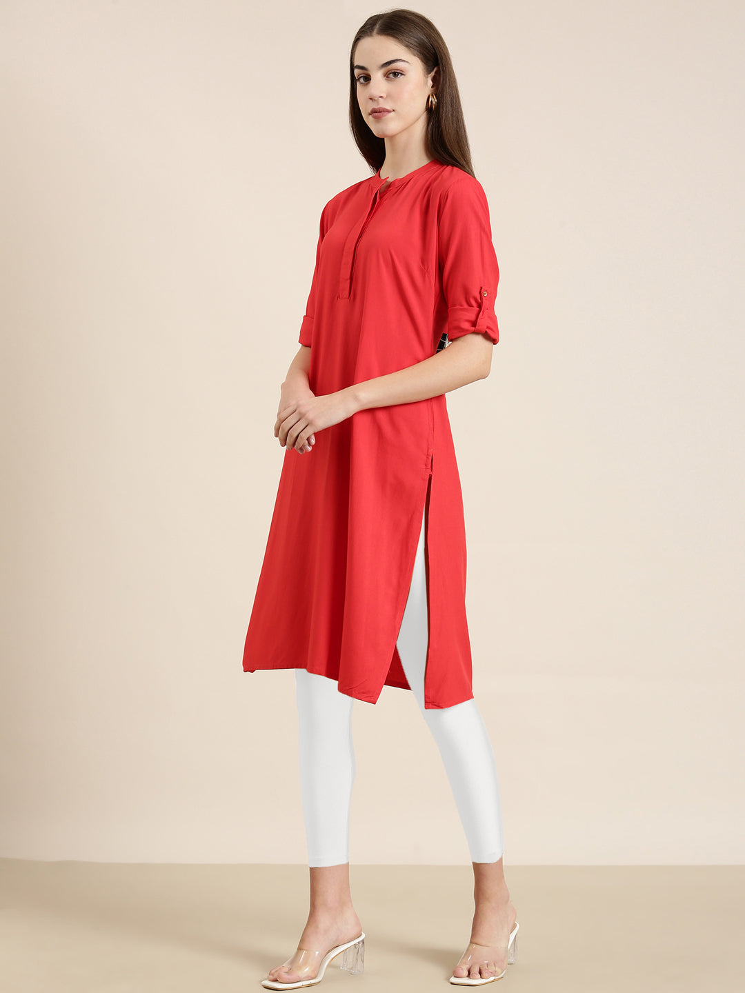 Women Red Solid Straight Kurta