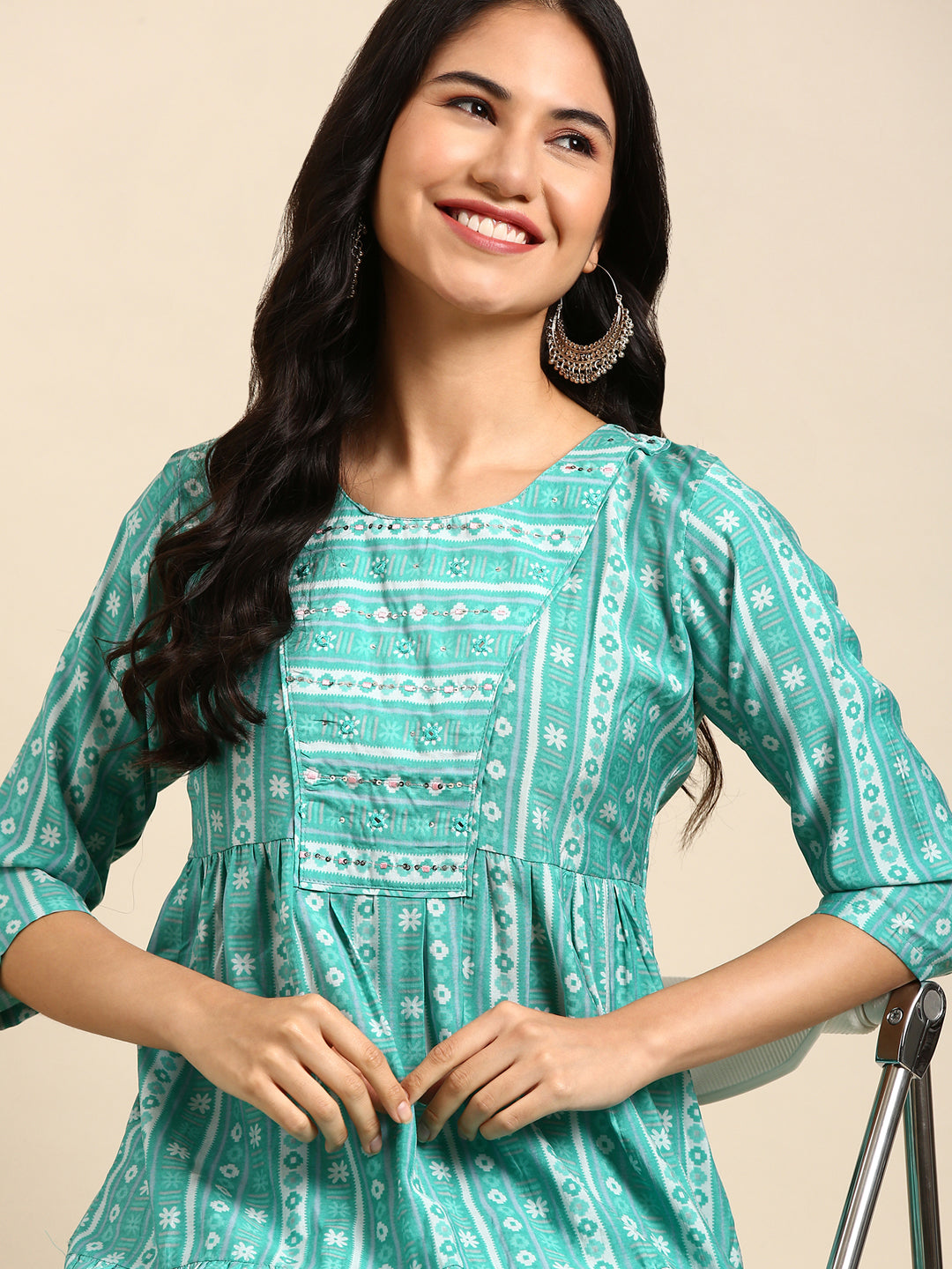 Women's Turquoise Blue Printed Anarkali Kurta