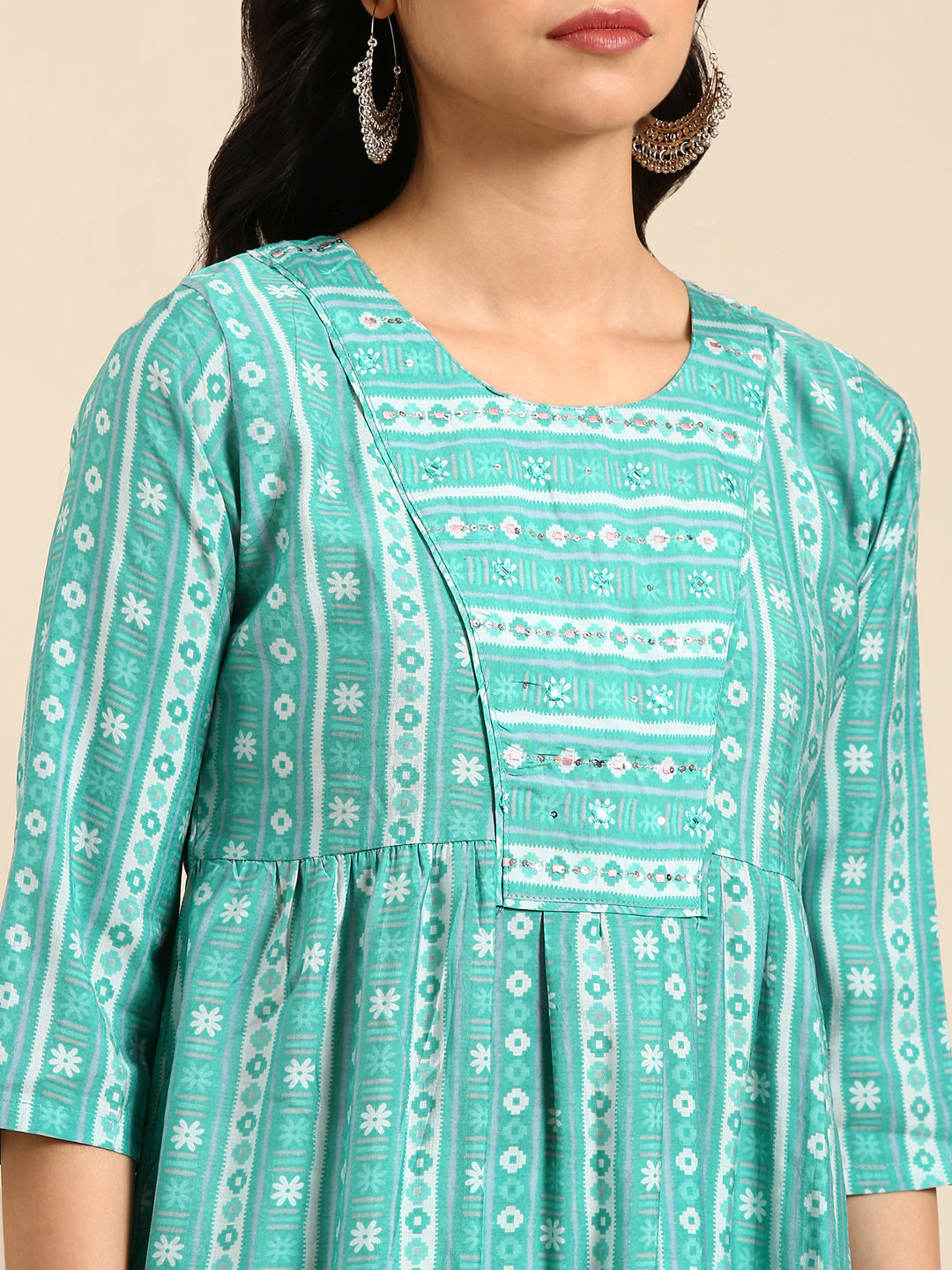 Women's Turquoise Blue Printed Anarkali Kurta