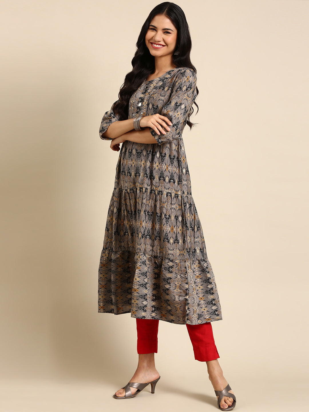 Women's Grey Printed Anarkali Kurta